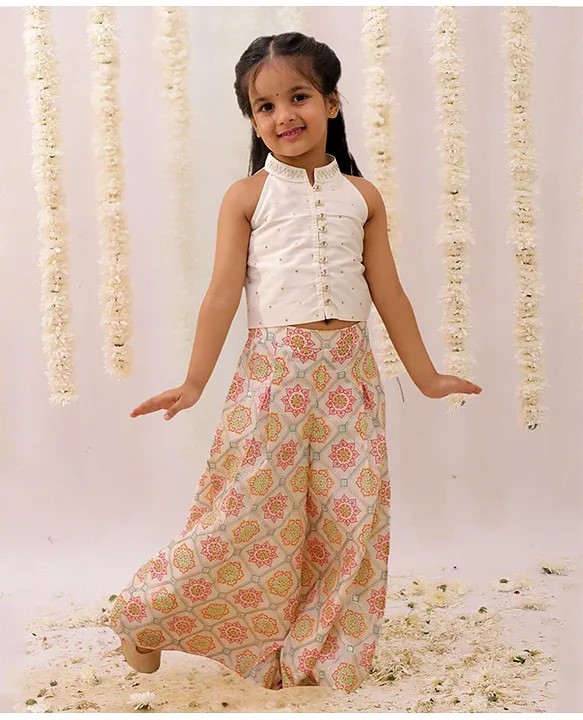 Lil' Drama Knit Sleeveless Sequins Embellished Top With Floral Printed Palazzo Set - Off White